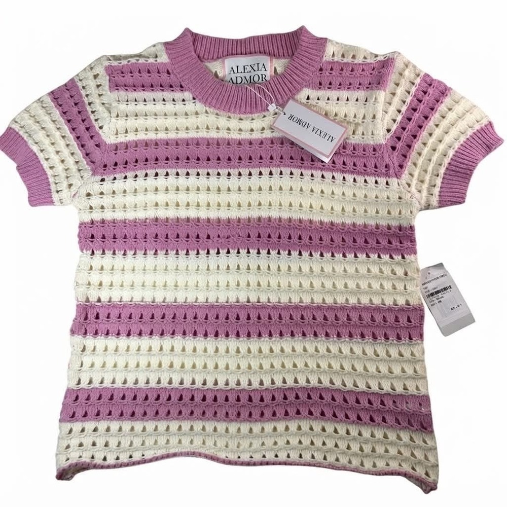 Alexia Admor Top Medium Pink Ivory Striped Crochet Short Sleeve Sweater NWT